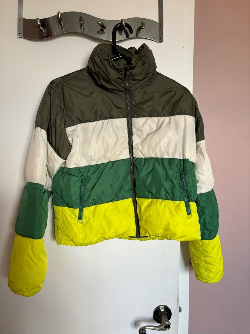 Steve madden size XS Colorblock Puffer Jacket - Olive, White, Neon Yellow